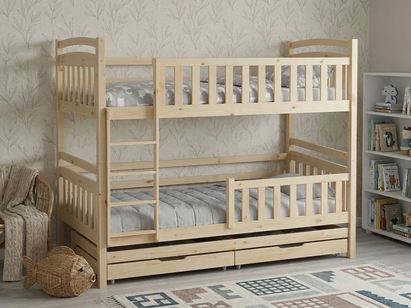 Pat supraetajat din lemn pentru 3 persoane 90x200 cu sertare P3S pin