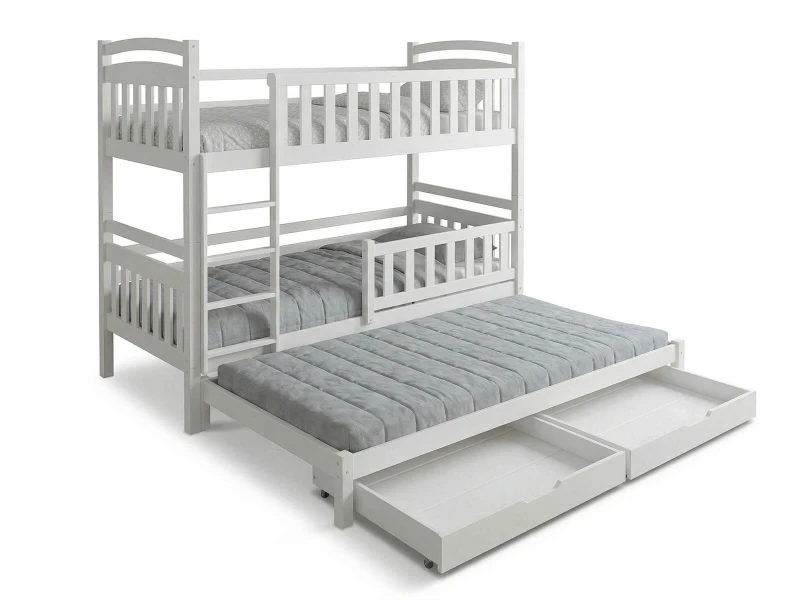Pat supraetajat din lemn pentru 3 persoane 90x200 cu sertare P3S alb