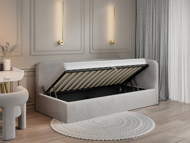 Canapea de o persoană tapițată 90x200 cu ladă de depozitare și somieră Leo, gri Bluvel 03