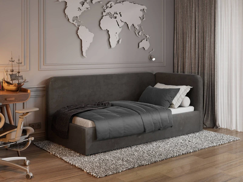 Canapea de o persoană tapițată 90x200 cu ladă de depozitare și somieră Leo, grafit Bluvel 18