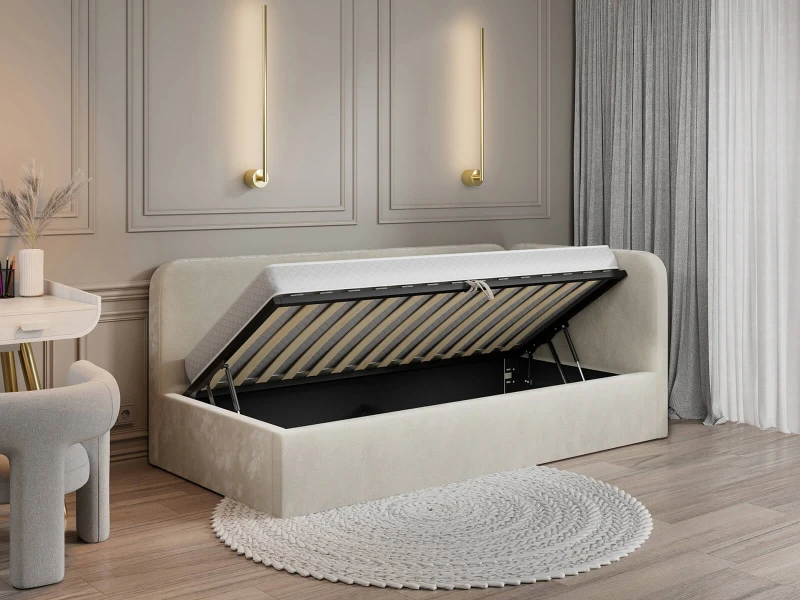 Canapea de o persoană tapițată 90x200 cu ladă de depozitare și somieră Leo, bej Bluvel 22