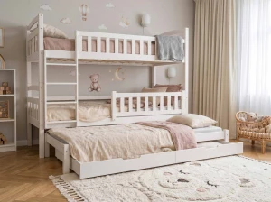 Pat supraetajat din lemn pentru 3 persoane 90x200 cu sertare P3S alb