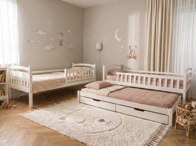 Pat supraetajat din lemn pentru 3 persoane 90x200 cu sertare P3S alb