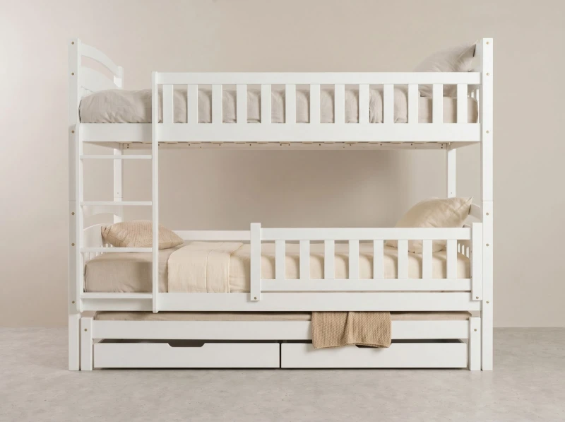 Pat supraetajat din lemn pentru 3 persoane 90x200 cu sertare P3S alb