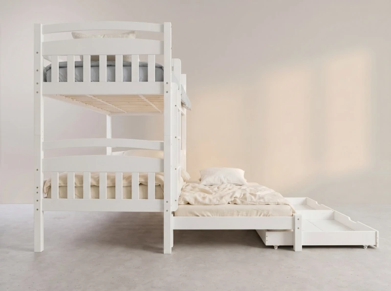 Pat supraetajat din lemn pentru 3 persoane 90x200 cu sertare P3S alb