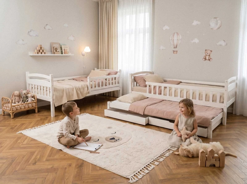 Pat supraetajat din lemn pentru 3 persoane 90x200 cu sertare P3S alb