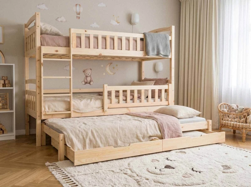 Pat supraetajat din lemn pentru 3 persoane 90x200 cu sertare P3S pin