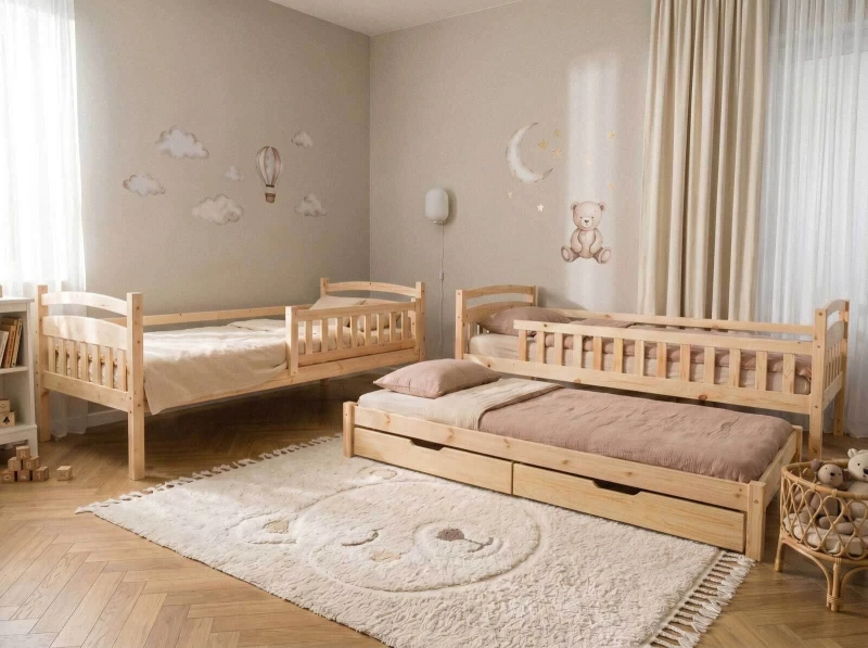 Pat supraetajat din lemn pentru 3 persoane 90x200 cu sertare P3S pin