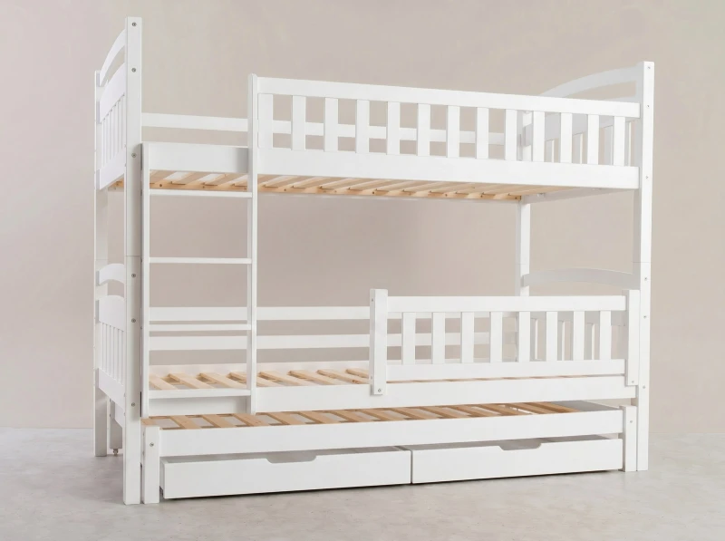 Pat supraetajat din lemn pentru 3 persoane 90x200 cu sertare P3S alb