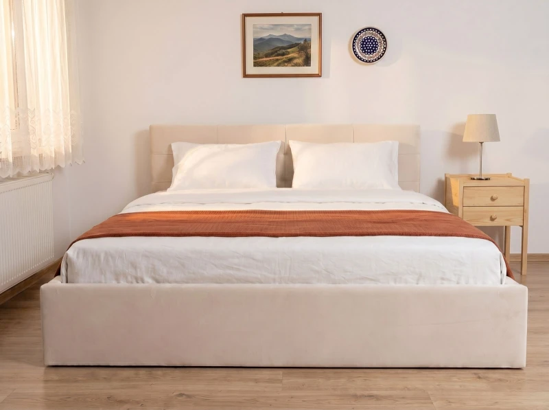 Pat tapițat 120x200 cu ladă de depozitare Tilo Velvet Bej