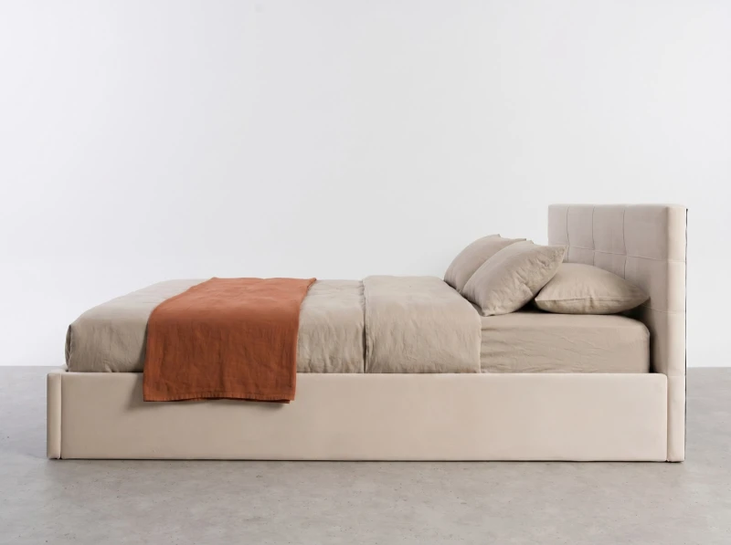 Pat tapițat 120x200 cu ladă de depozitare Tilo Velvet Bej