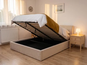 Pat tapițat 180x200 cu ladă de depozitare Tilo Velvet Bej