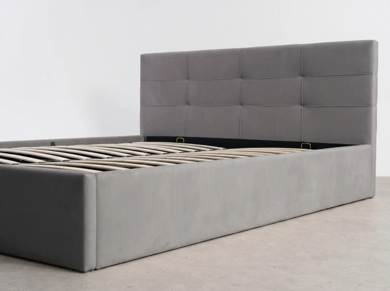 Pat tapițat 120x200 cu ladă de depozitare Tilo Velvet Gri