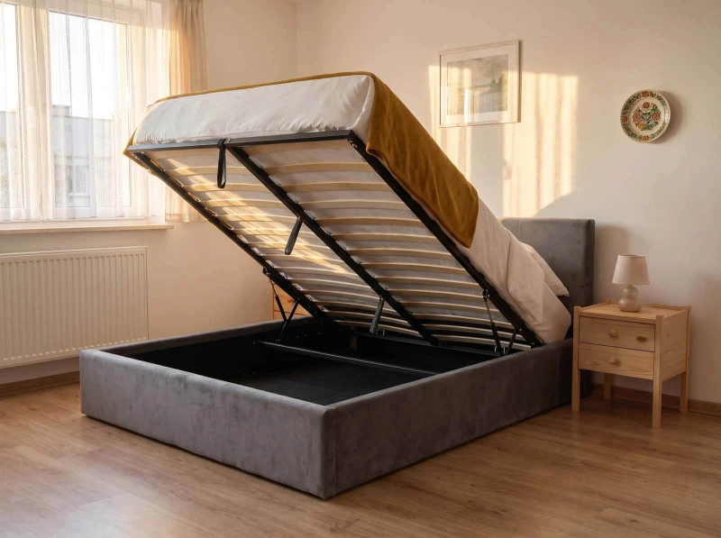 Pat tapițat 120x200 cu ladă de depozitare Tilo Velvet Grafit