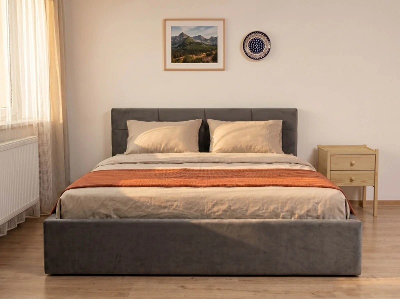 Pat tapițat 120x200 cu ladă de depozitare Tilo Velvet Grafit