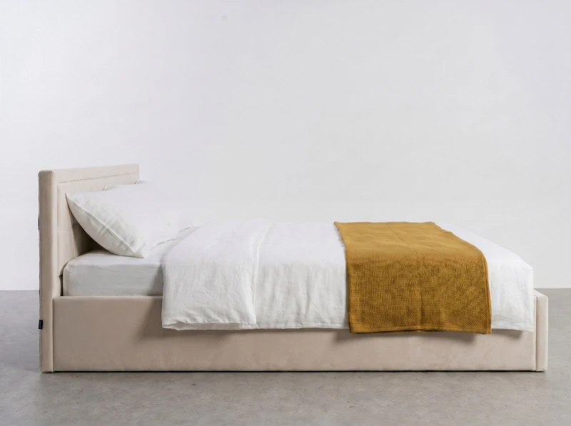 Pat tapițat 120x200 cu ladă de depozitare Rema Velvet Bej