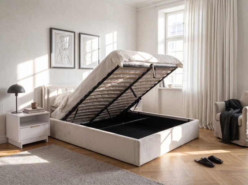 Pat Tapitat cu spatiu de depozitare 180x200 TOP Line 9 Bluvel 22 Bej