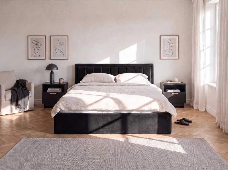 Pat Tapitat cu spatiu de depozitare 160x200 TOP Line 9 Bluvel 19 Negru