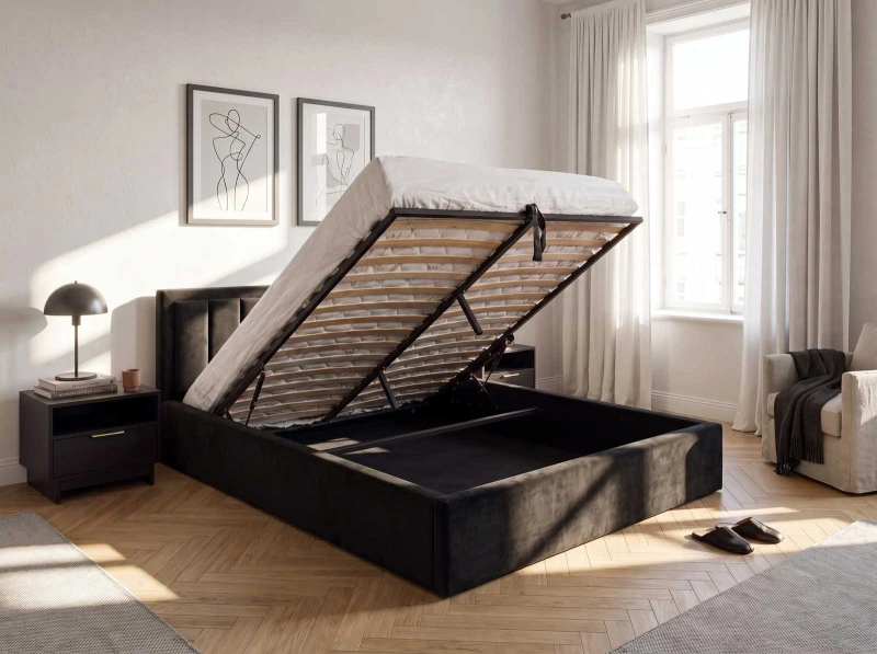 Pat Tapitat cu spatiu de depozitare 160x200 TOP Line 9 Bluvel 19 Negru