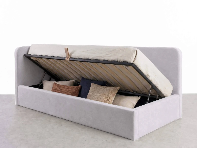 Canapea de o persoană tapițată 90x200 cu ladă de depozitare și somieră Leo, gri Bluvel 03