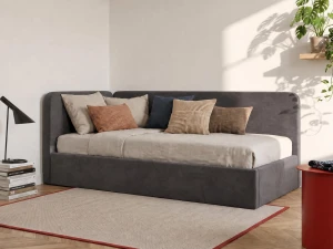 Canapea de o persoană tapițată 90x200 cu ladă de depozitare și somieră Leo, grafit Bluvel 18
