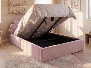 Pat Tapitat cu spatiu de depozitare 120x200 cm cu cadru, roz Velvet Kids Line 3 Scoica