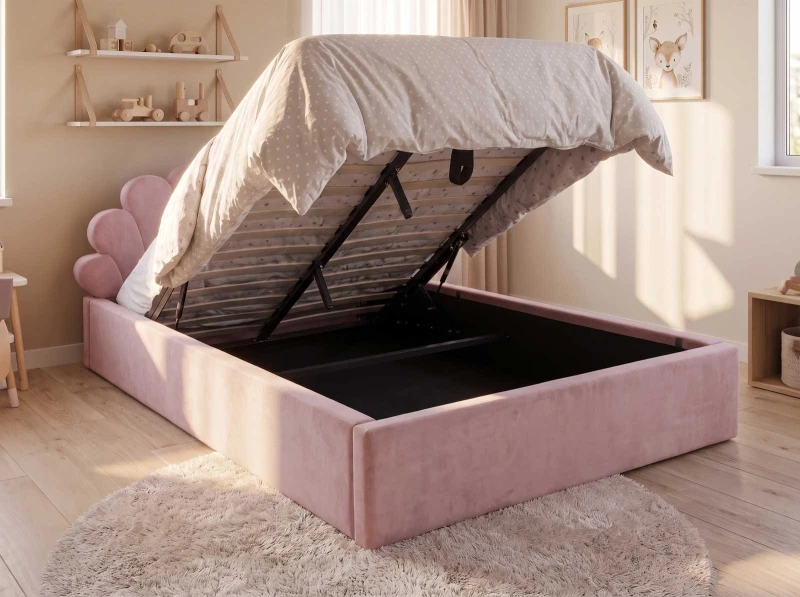 Pat Tapitat cu spatiu de depozitare 120x200 cm cu cadru, roz Velvet Kids Line 3 Scoica