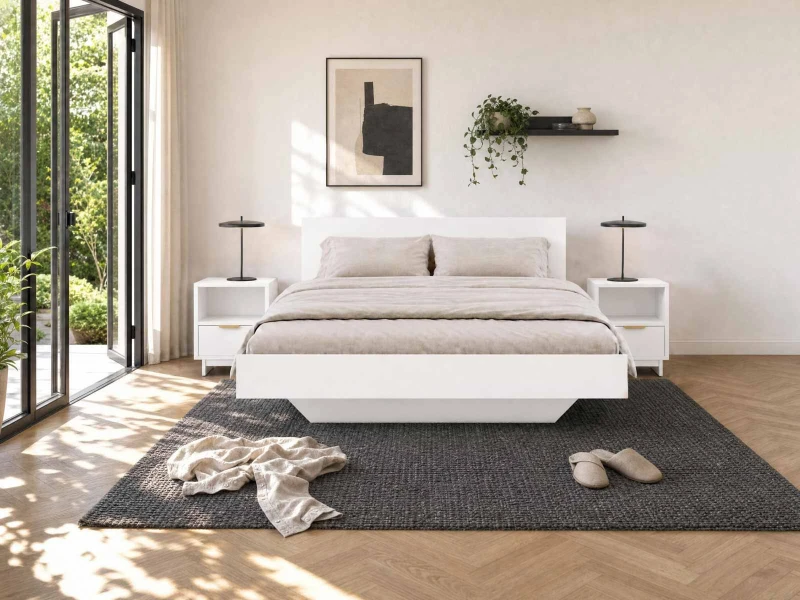 Pat de levitare cu spațiu de depozitare 140x200 din placa de mobilier DM2 alba