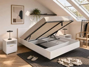Pat de levitare cu spațiu de depozitare 180x200 din placa de mobilier DM2 alba