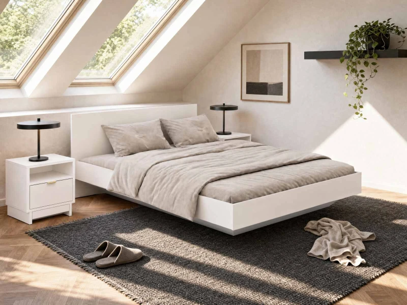 Pat de levitare cu spațiu de depozitare 180x200 din placa de mobilier DM2 alba