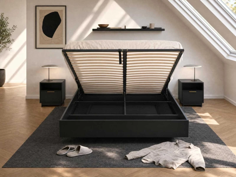 Pat de levitare cu spațiu de depozitare 140x200 din placa de mobilier DM2 negru