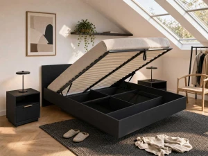 Pat de levitare cu spațiu de depozitare 180x200 din placa de mobilier DM2 negru