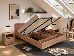 Pat de levitare cu spațiu de depozitare 160x200 din placa de mobilier DM2 stejar craft