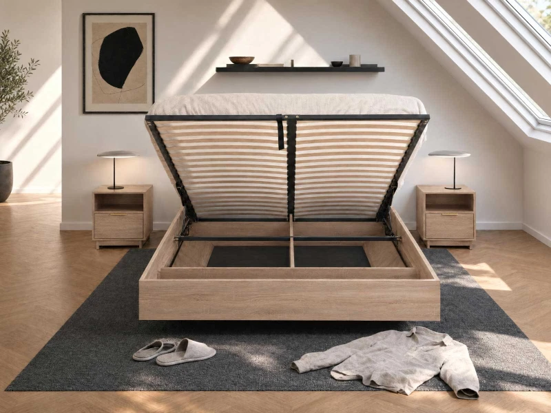 Pat de levitare cu spațiu de depozitare 120x200 din placa de mobilier DM2 stejar sonoma