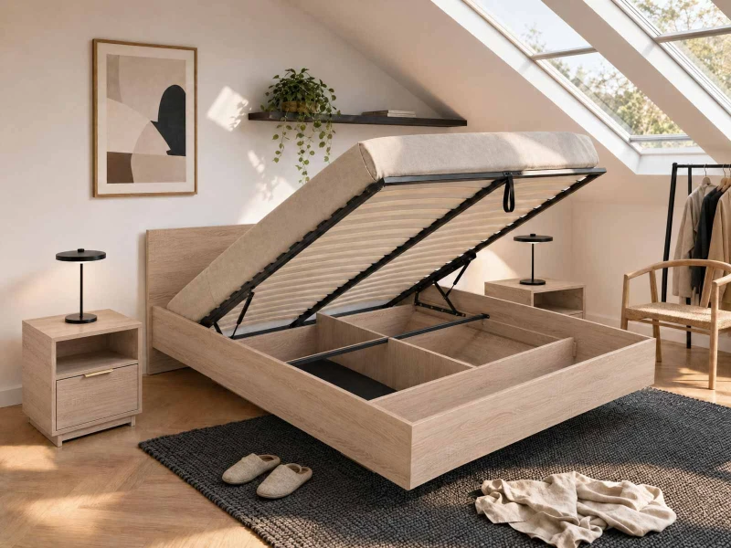Pat de levitare cu spațiu de depozitare 140x200 din placa de mobilier DM2 stejar sonoma 