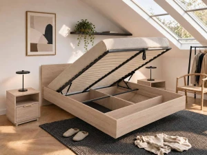 Pat de levitare cu spațiu de depozitare 180x200 din placa de mobilier DM2 stejar sonoma  