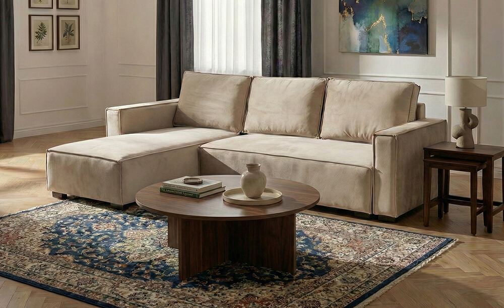 Colțar extensibil Nova ecru din catifea pentru living